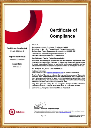Wiring Harness Assembly Series Certificate